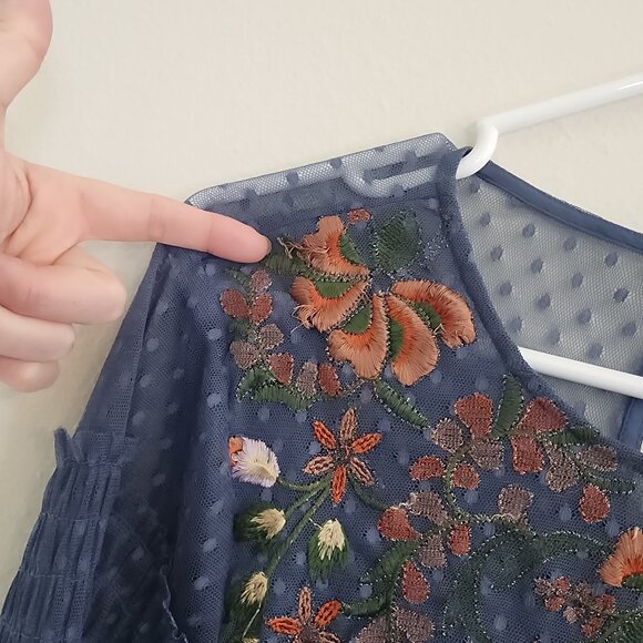 Anthropology Maeve Blue Embroidered Polka Dot Lined Dress - size Large - Picture 4 of 6